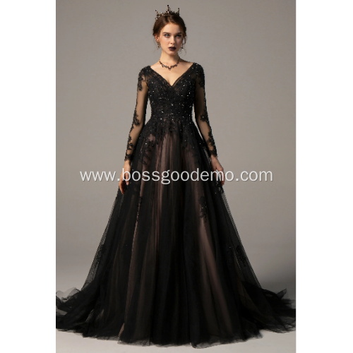 Black Lmperial Long Sleeve Tulle Wedding Dress